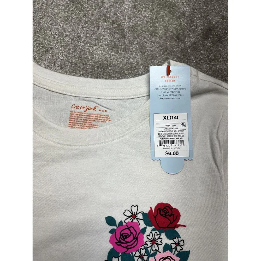 Cat & Jack‎ White Short Sleeve Floral T-Shirt  Girls  XL (14) New with tags
